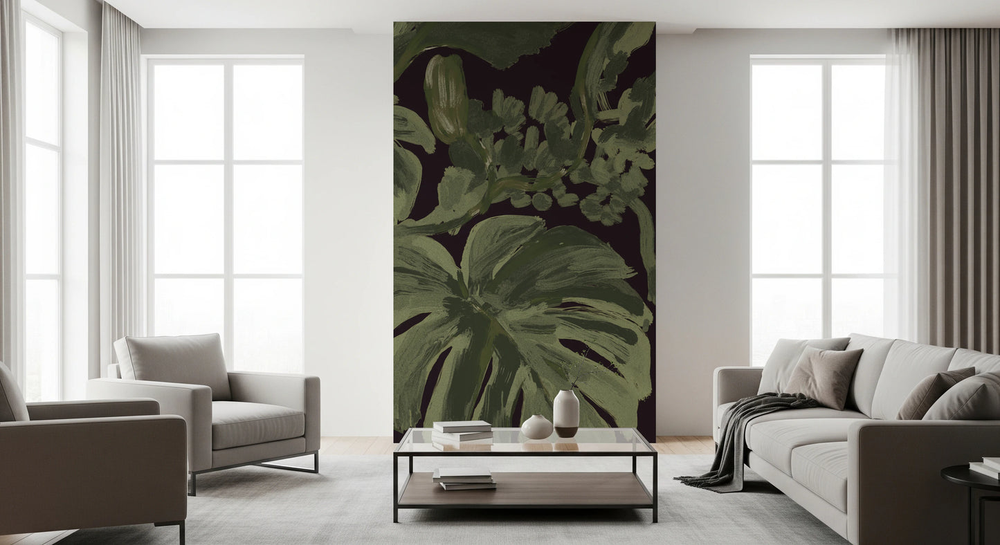 Jungle Monstera Tropical Midnight  Wall Mural