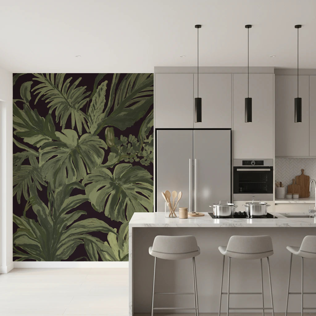 Jungle Monstera Tropical Midnight  Wall Mural