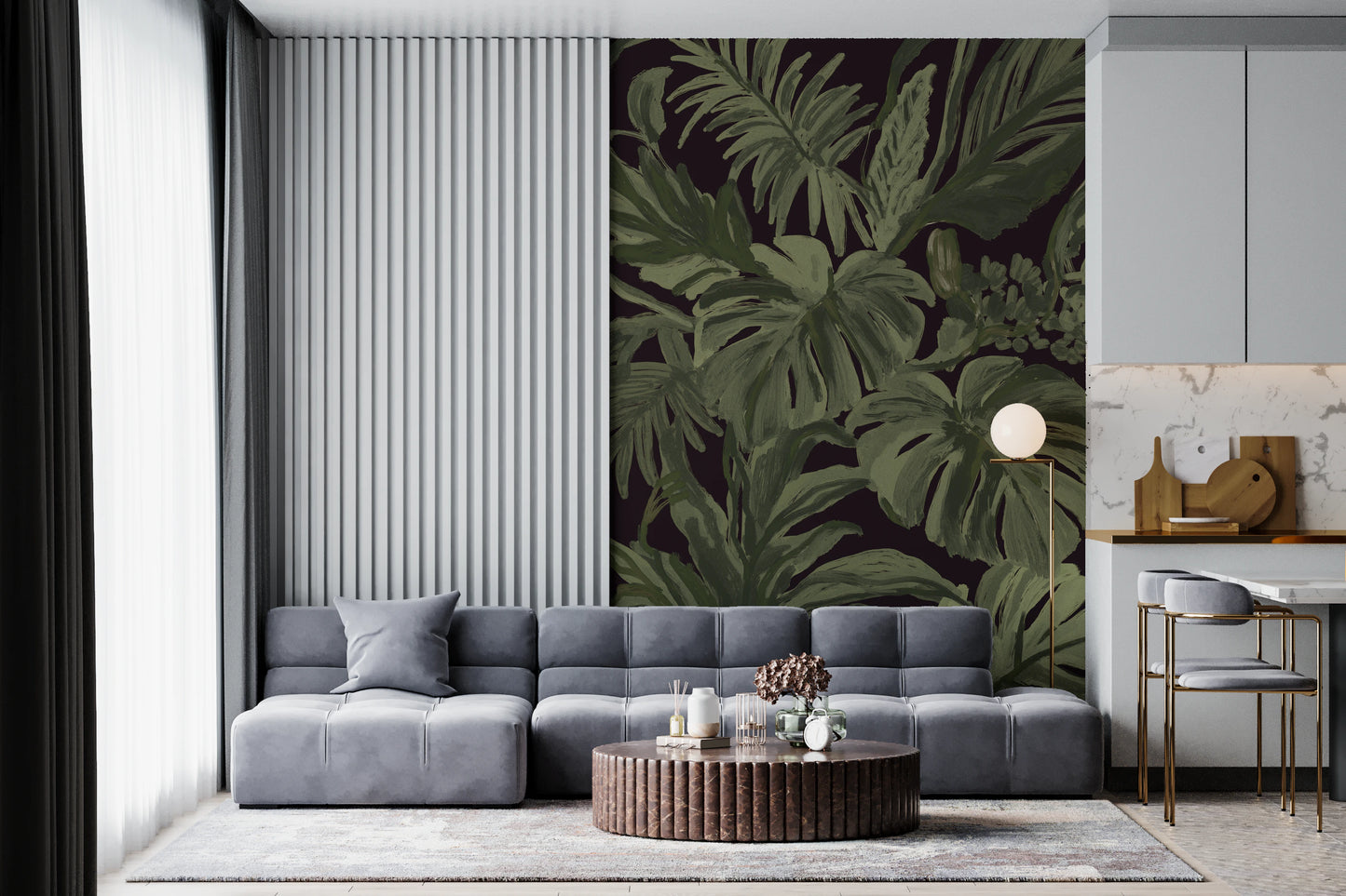 Jungle Monstera Tropical Midnight  Wall Mural