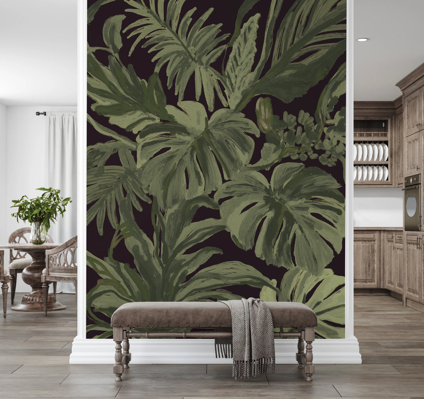 Jungle Monstera Tropical Midnight  Wall Mural