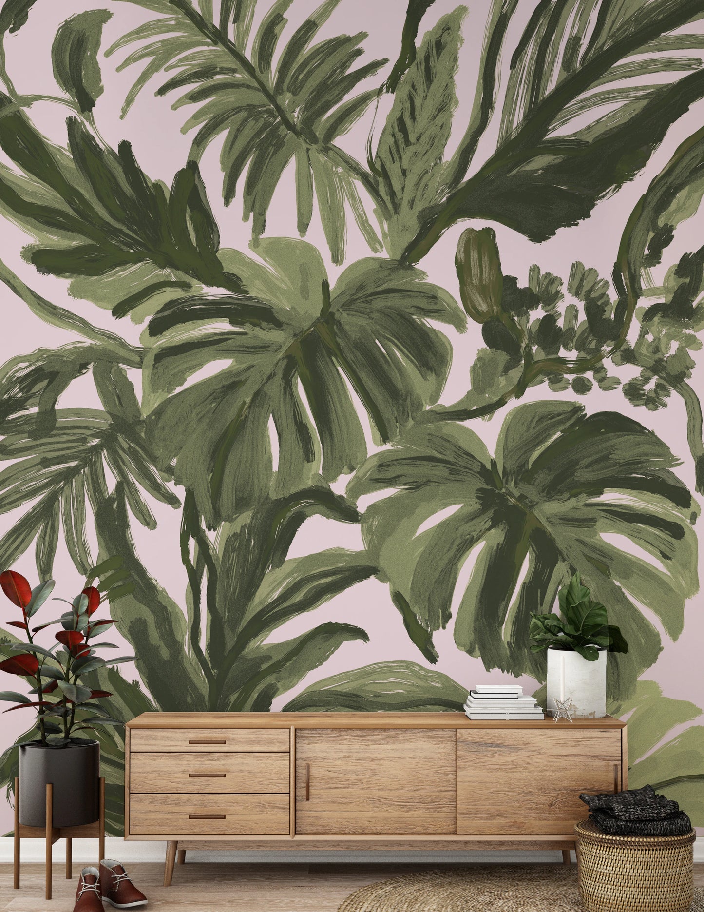 Painterly Palms Blush Tropical Foliage  Wall Mural
