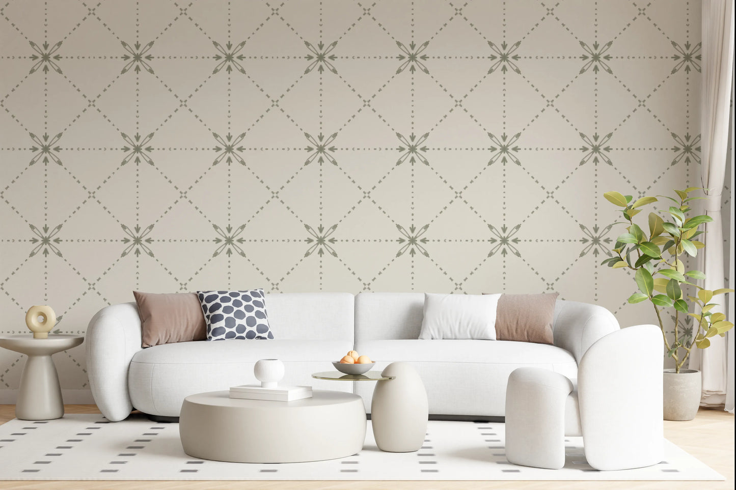 Sashiko Hana-Goshi - Latticed Flower Stitch Sage Wallpaper⁠