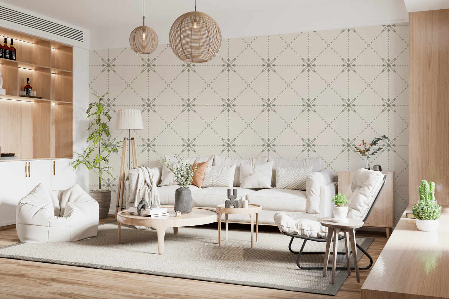 Sashiko Hana-Goshi - Latticed Flower Stitch Sage Wallpaper⁠