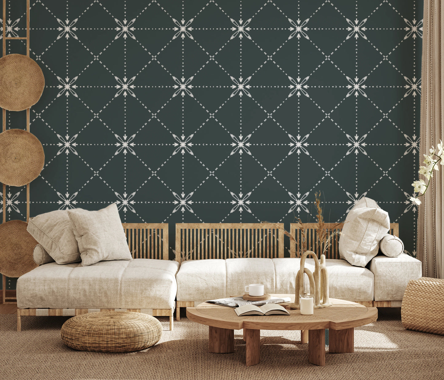 Sashiko Hana-Goshi - Latticed Flower Stitch On Outer Space Wallpaper⁠