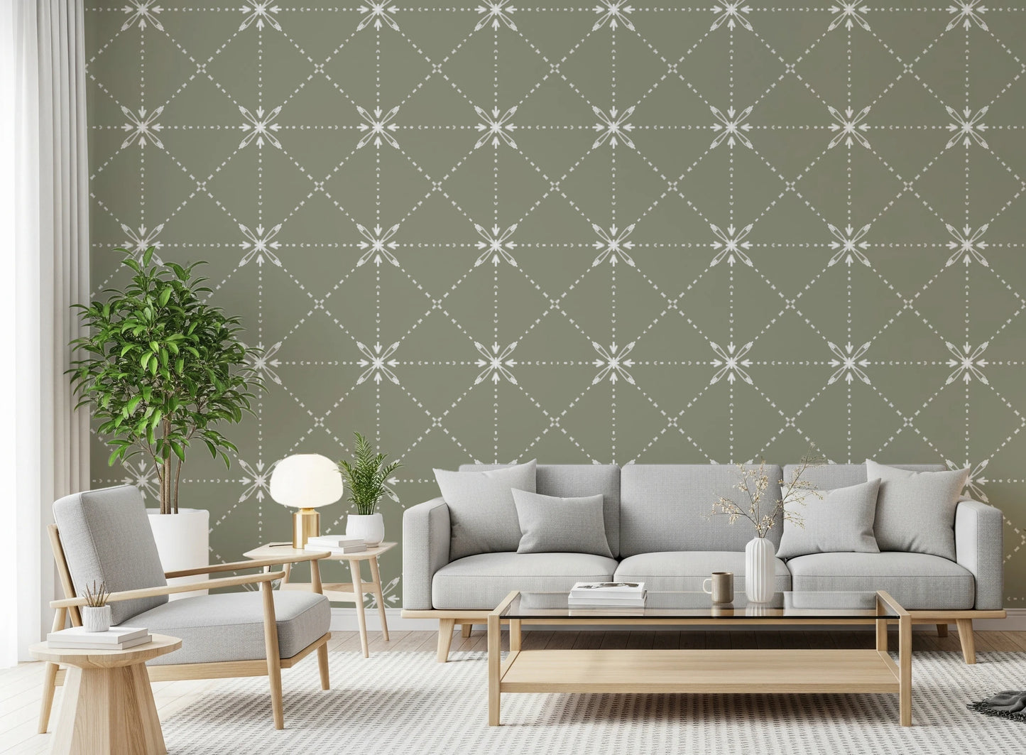 Sashiko Hana-Goshi - Latticed Flower Stitch On Sage Wallpaper⁠