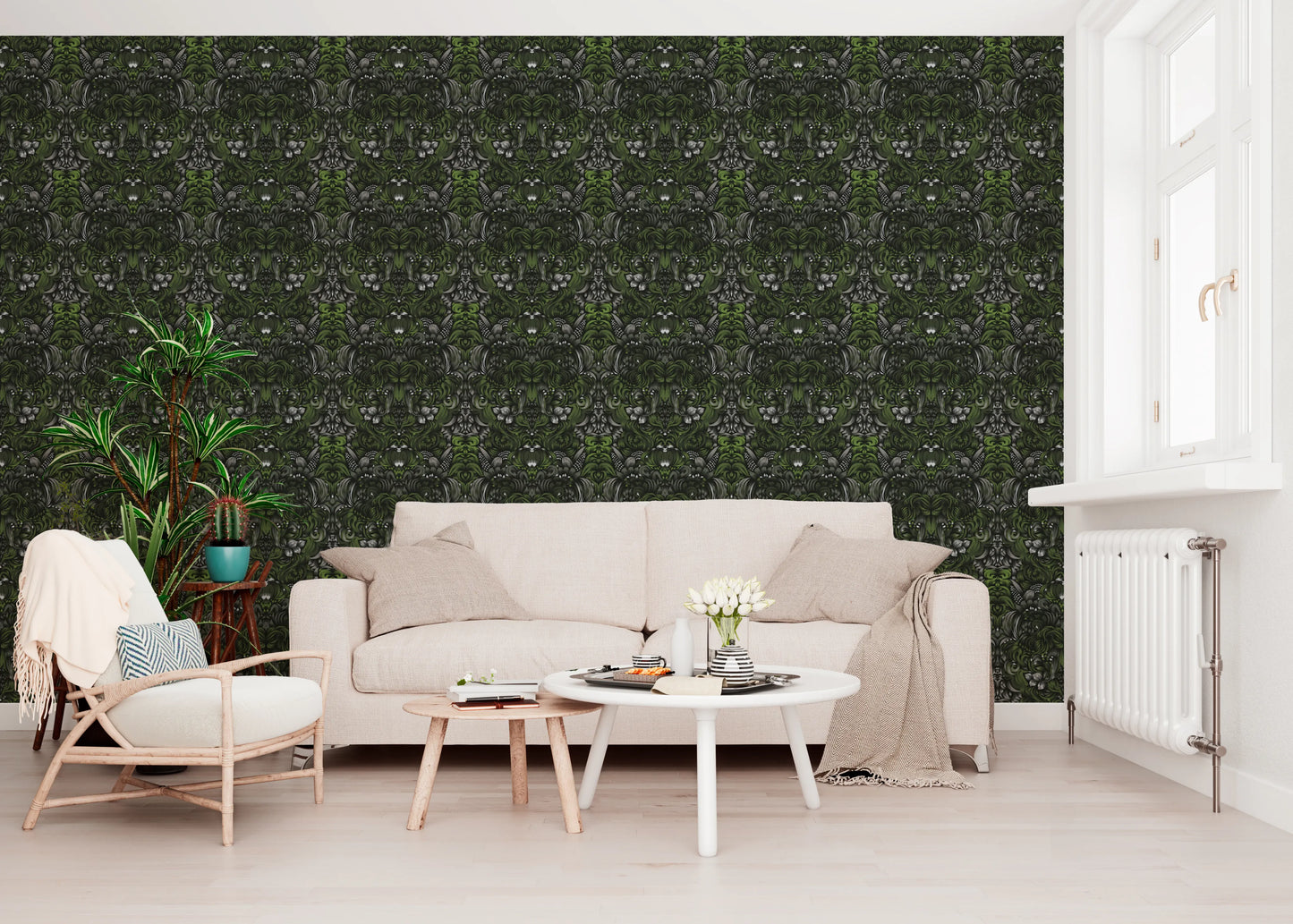 Verdant Damask Jungle Tapestry style Green Forest Wallpaper⁠
