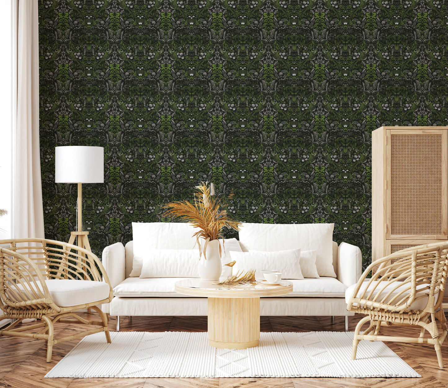 Verdant Damask Jungle Tapestry style Green Forest Wallpaper⁠