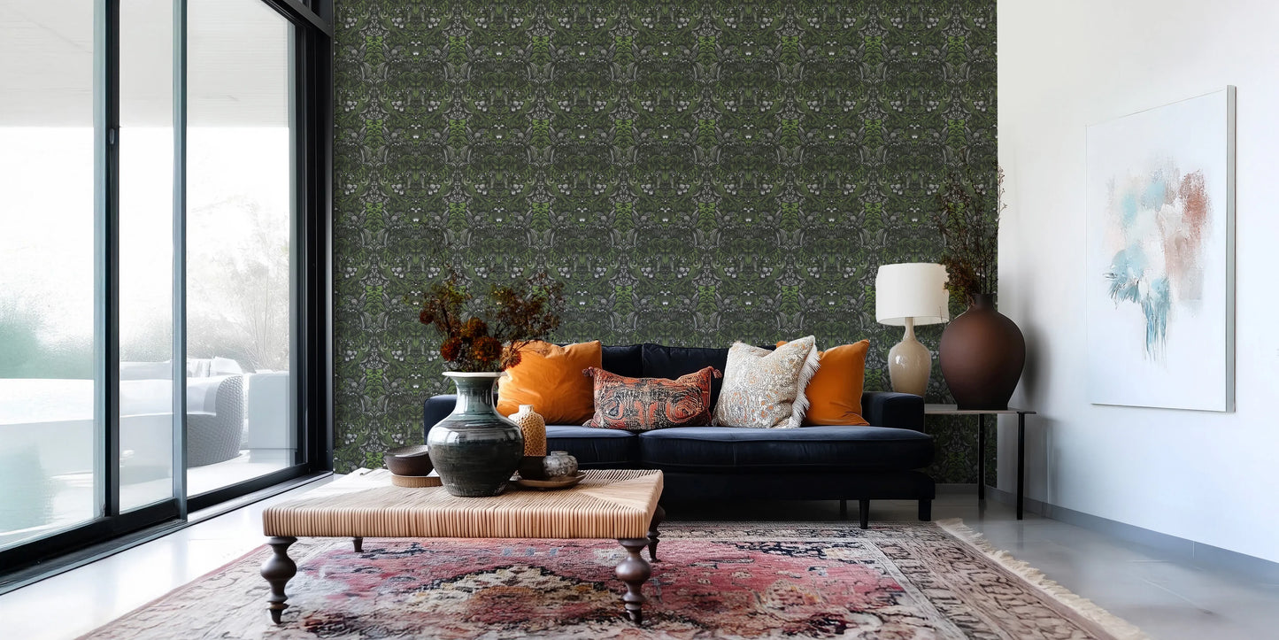 Verdant Damask Jungle Tapestry style Green Forest Wallpaper⁠