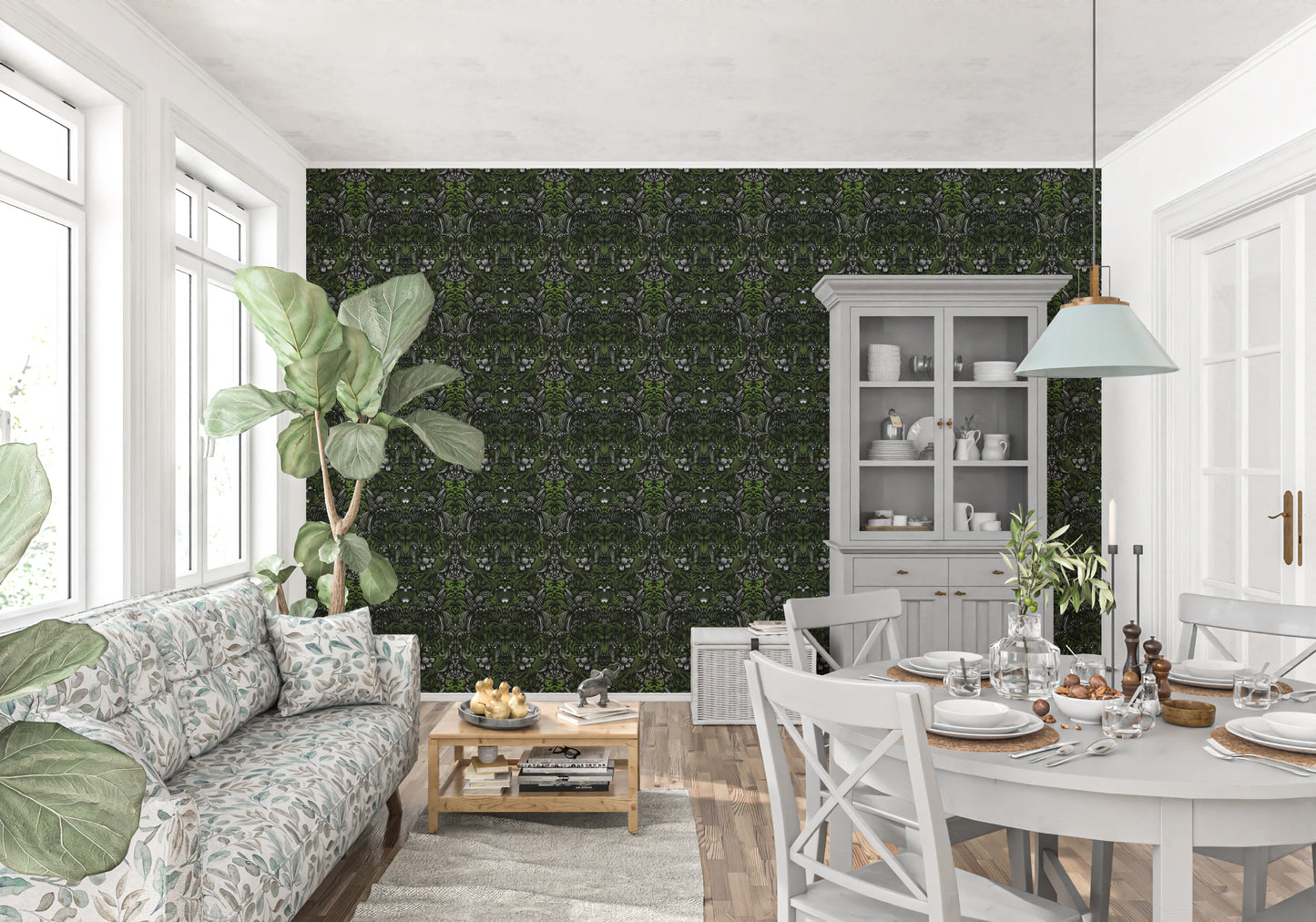 Verdant Damask Jungle Tapestry style Green Forest Wallpaper⁠