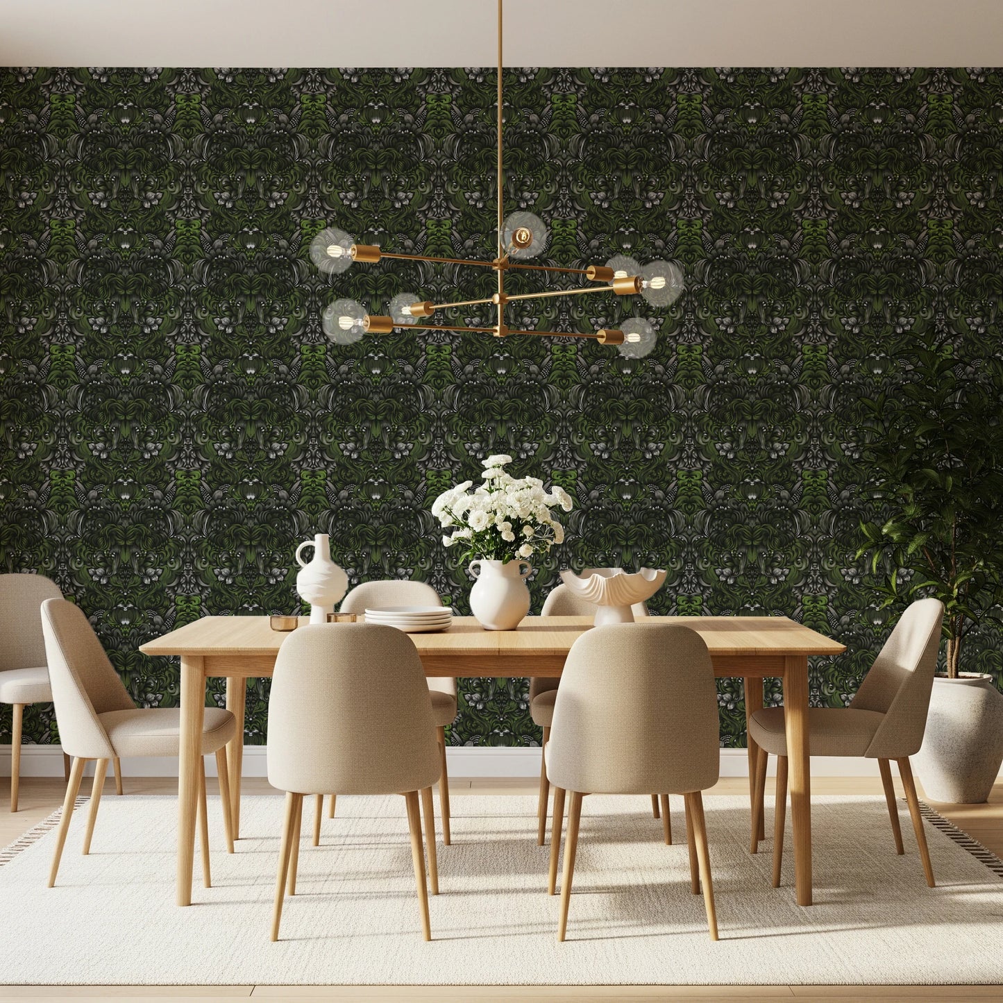 Verdant Damask Jungle Tapestry style Green Forest Wallpaper⁠
