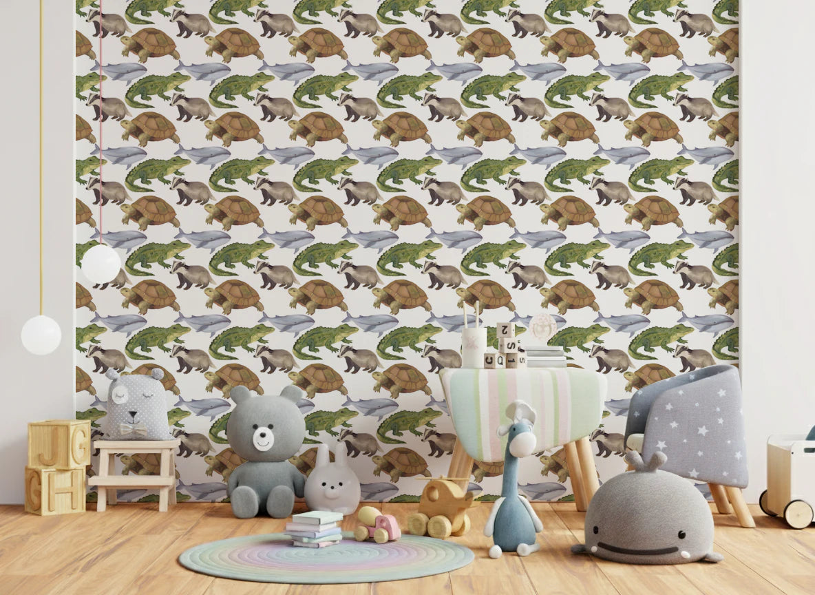 Watercolor Animals Tortoise Crocodile Whale themed kids room Wallpaper⁠