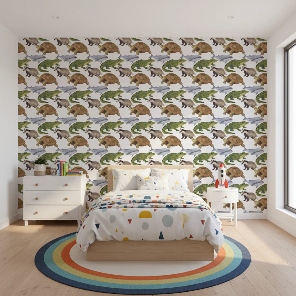 Watercolor Animals Tortoise Crocodile Whale themed kids room Wallpaper⁠