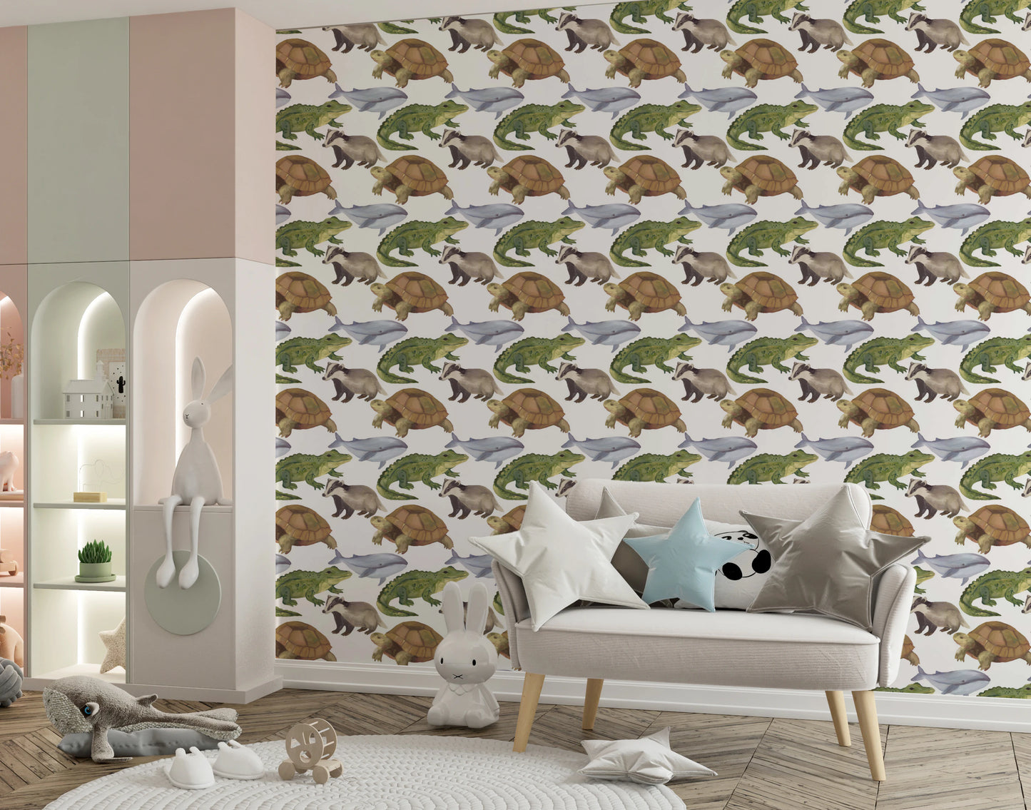 Watercolor Animals Tortoise Crocodile Whale themed kids room Wallpaper⁠
