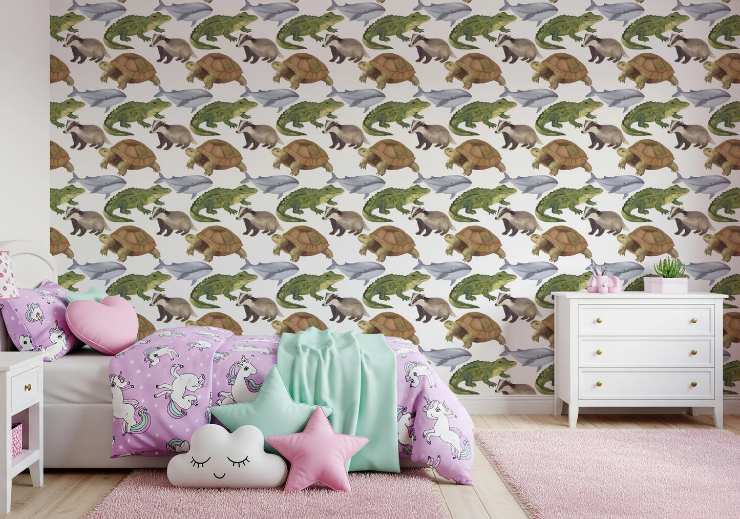 Watercolor Animals Tortoise Crocodile Whale themed kids room Wallpaper⁠