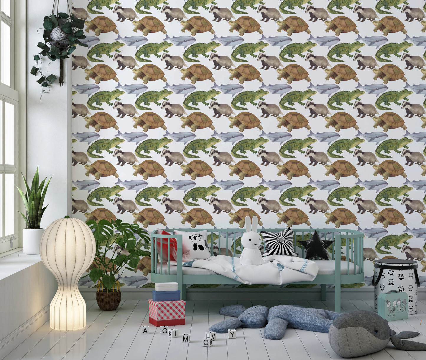 Watercolor Animals Tortoise Crocodile Whale themed kids room Wallpaper⁠
