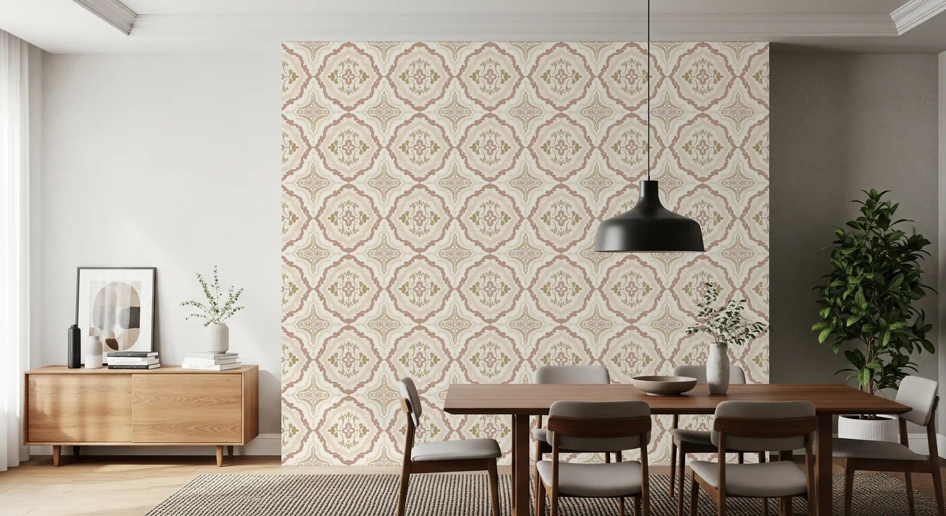 Earthy soft sienna Mediterranean tile wallpaper for a dining area.