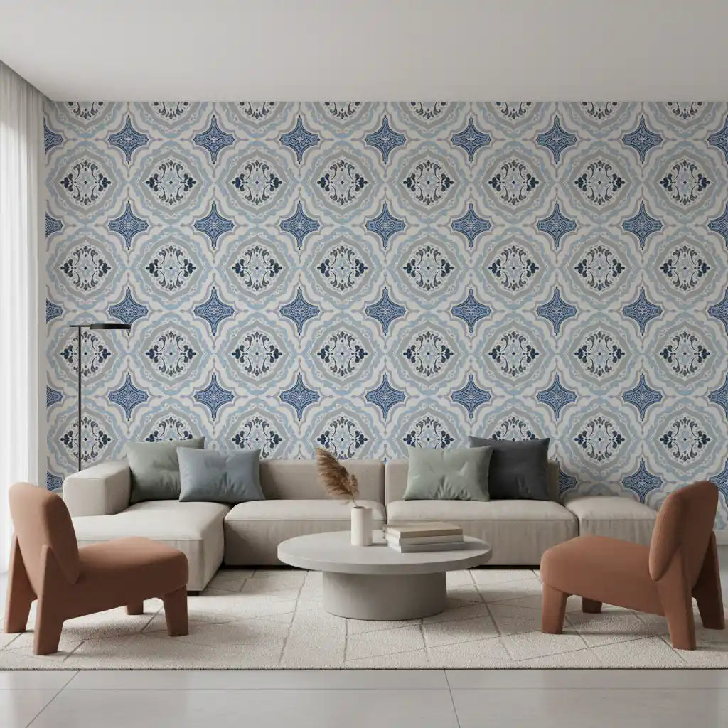 Mediterranean indigo fleur tile Wallpaper⁠