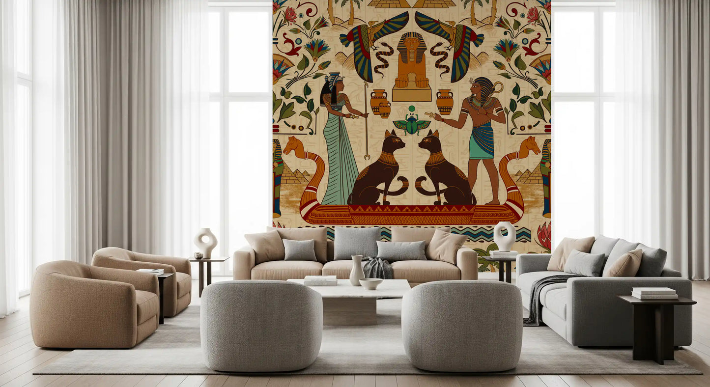 Tribal-style Ancient Echoes wall mural with textures, creating a unique living room atmosphere.