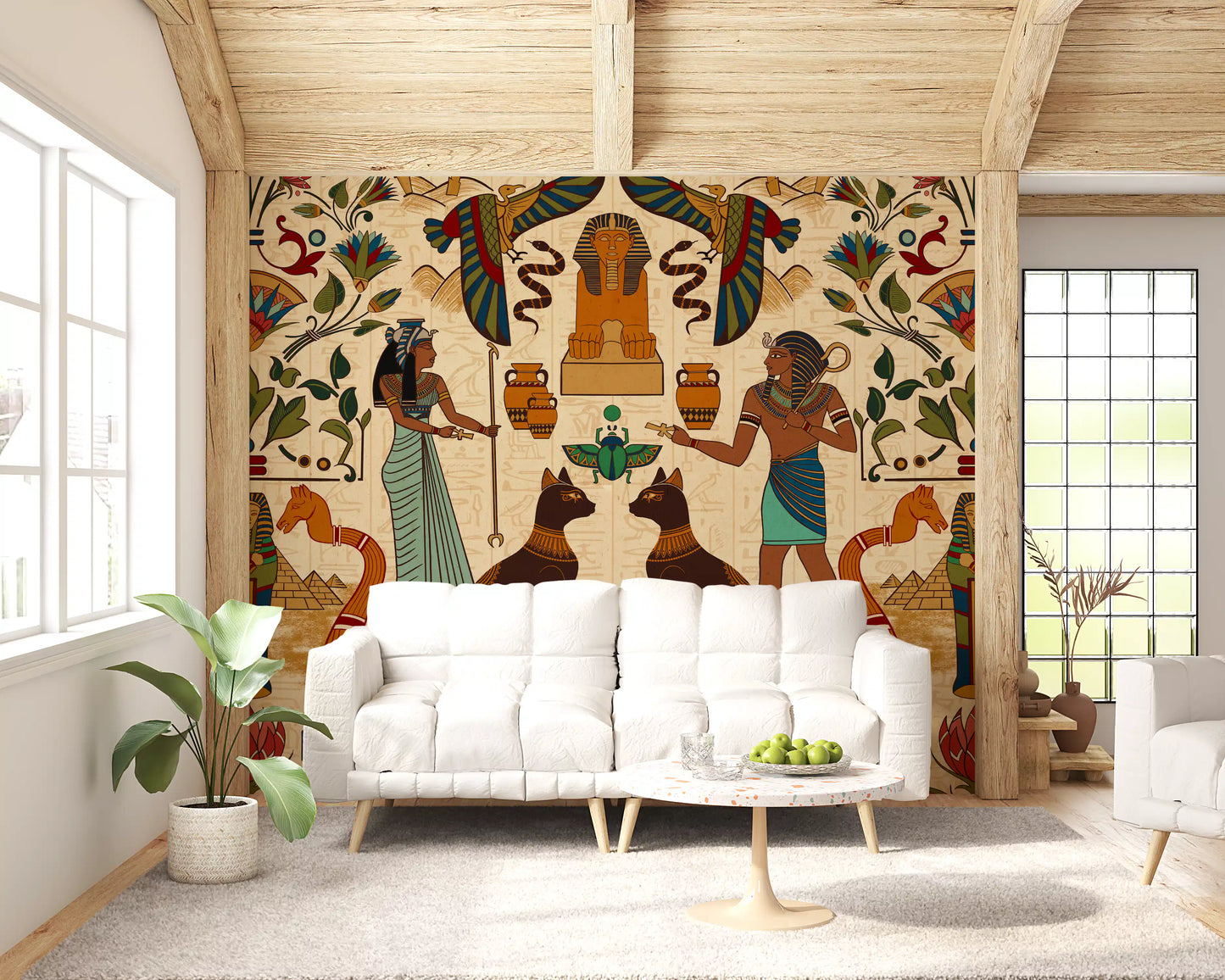 Ancient Echoes wall mural with women, vases, and tropical plants, perfect for a modern living room.