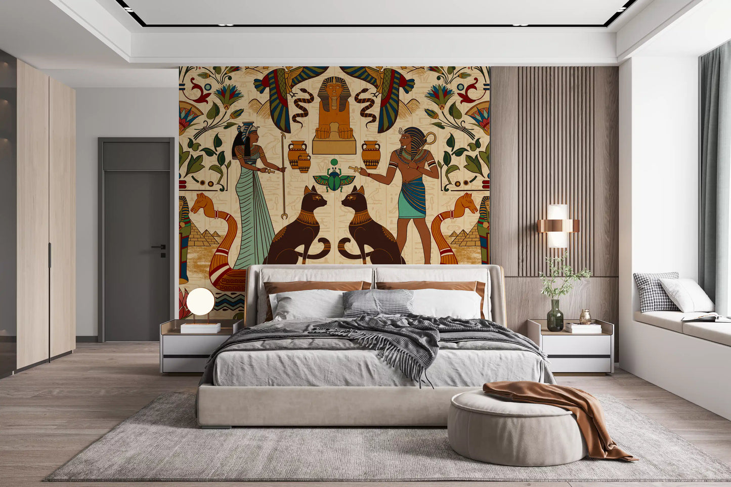 Bold Ancient Echoes Wall Mural enhancing a Bedroom with cultural warmth.