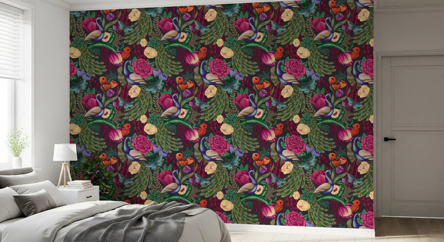 Maximalist Peacock Fantasy Garden -  Charcoal Black Wallpaper⁠