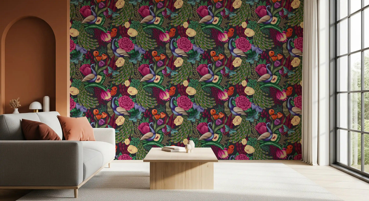 Maximalist Peacock Fantasy Garden -  Charcoal Black Wallpaper⁠