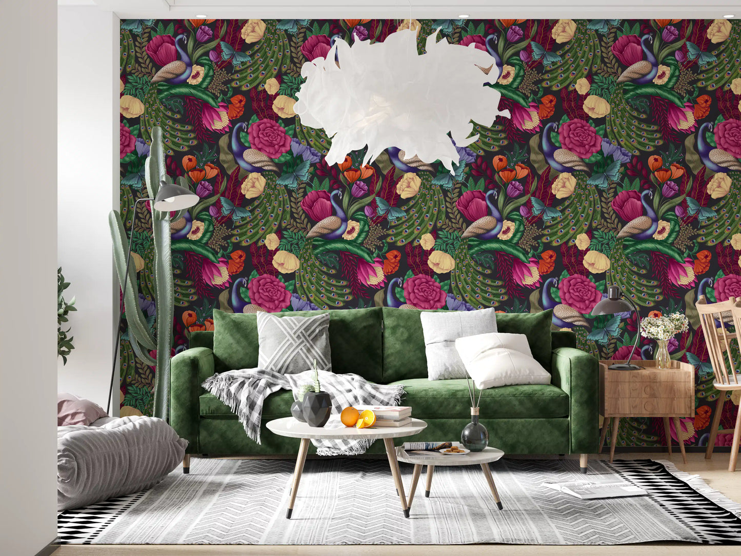 Maximalist Peacock Fantasy Garden -  Charcoal Black Wallpaper⁠
