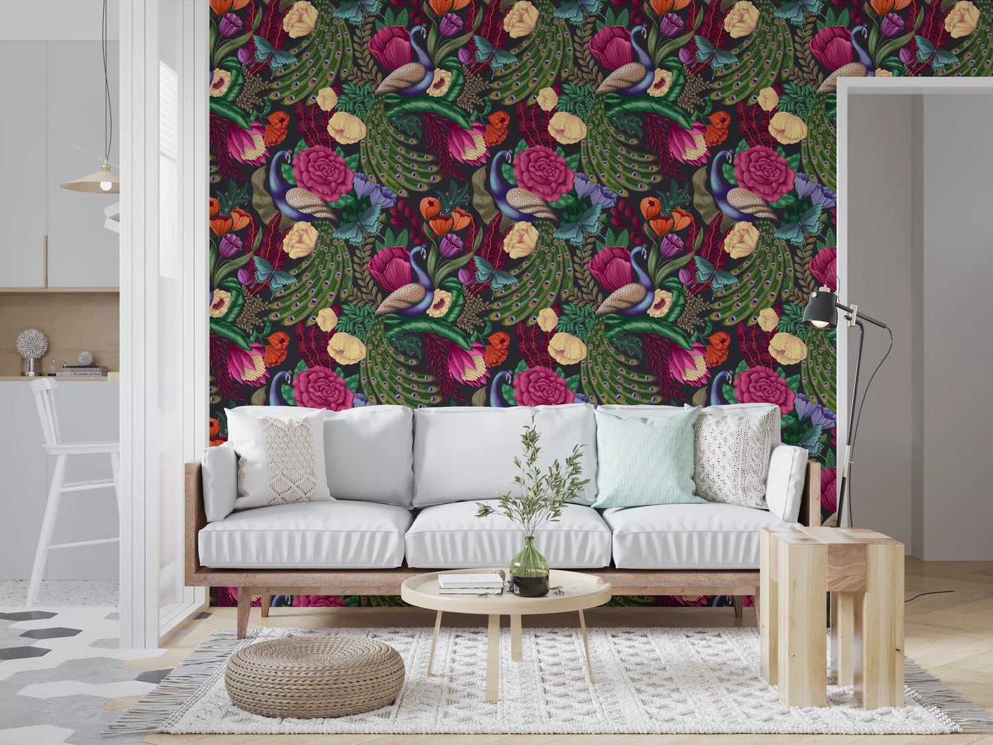 Maximalist Peacock Fantasy Garden -  Charcoal Black Wallpaper⁠