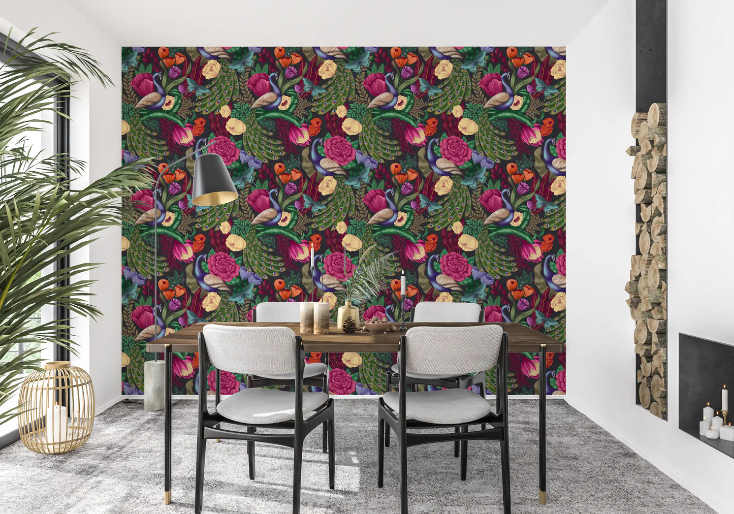 Maximalist Peacock Fantasy Garden -  Charcoal Black Wallpaper⁠