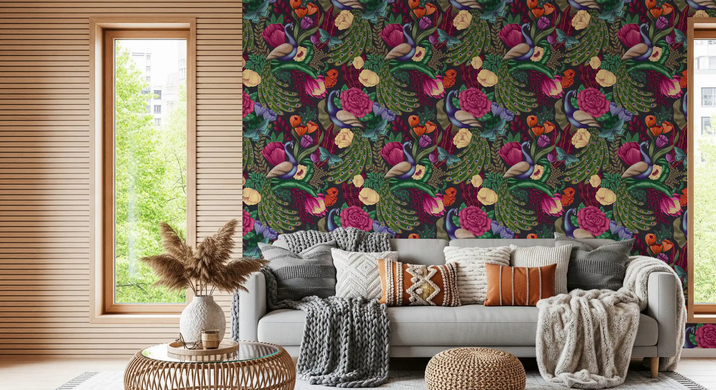Maximalist Peacock Fantasy Garden -  Charcoal Black Wallpaper⁠
