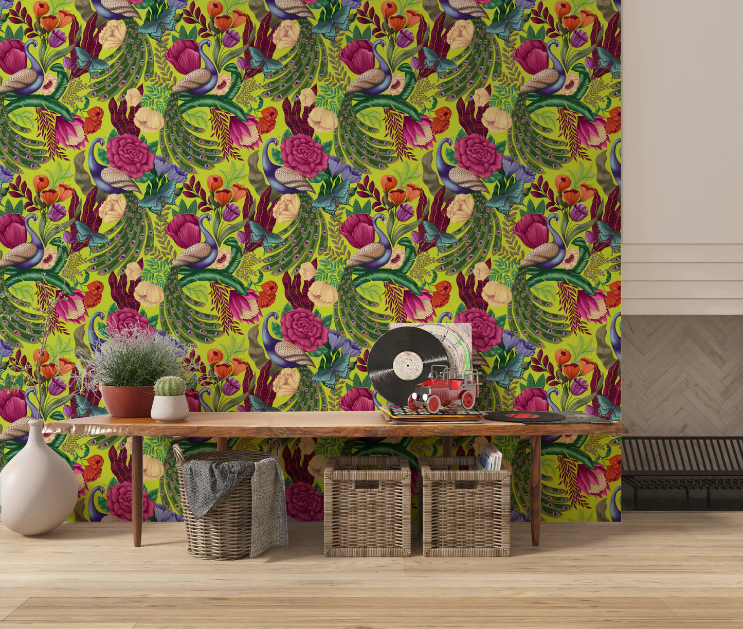 Maximalist Peacock Fantasy Garden -  Neon Green Wallpaper⁠