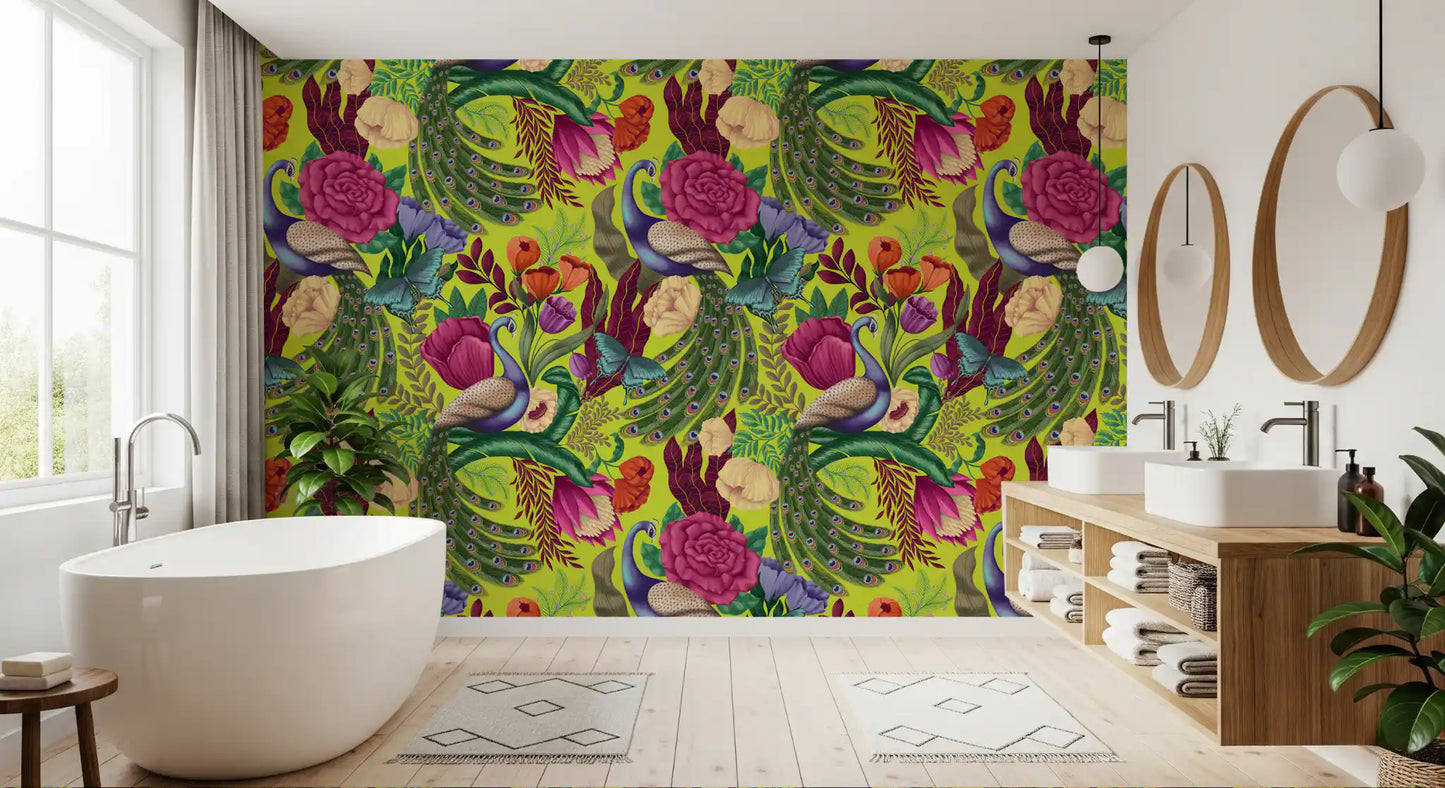 Maximalist Peacock Fantasy Garden -  Neon Green Wallpaper⁠