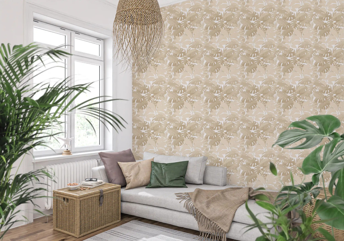 Beige Botanical Embrace Monstera Foliage Wallpaper⁠