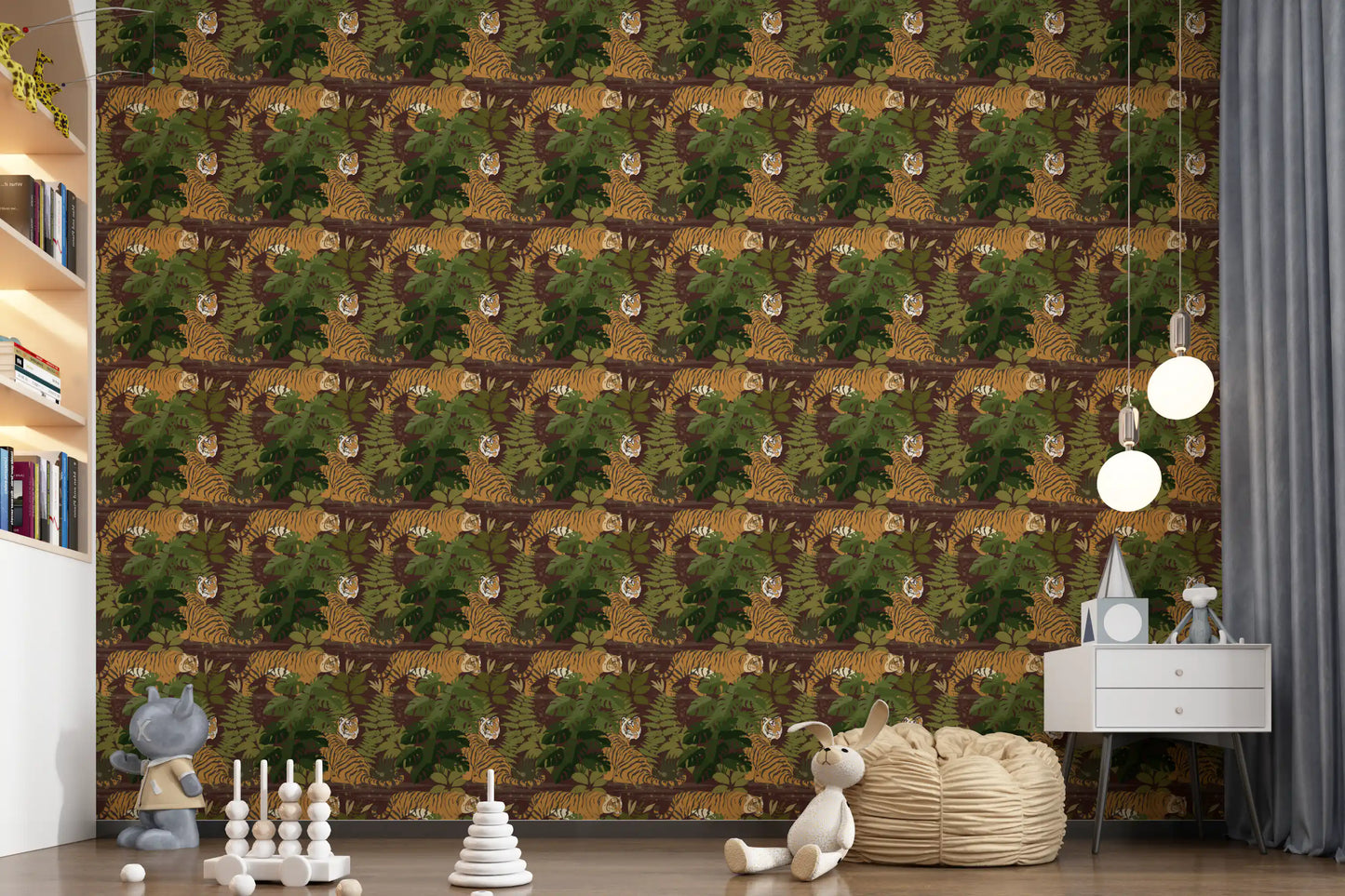 Wild Jungle Roam Tigers Tropical Monstera Wallpaper⁠