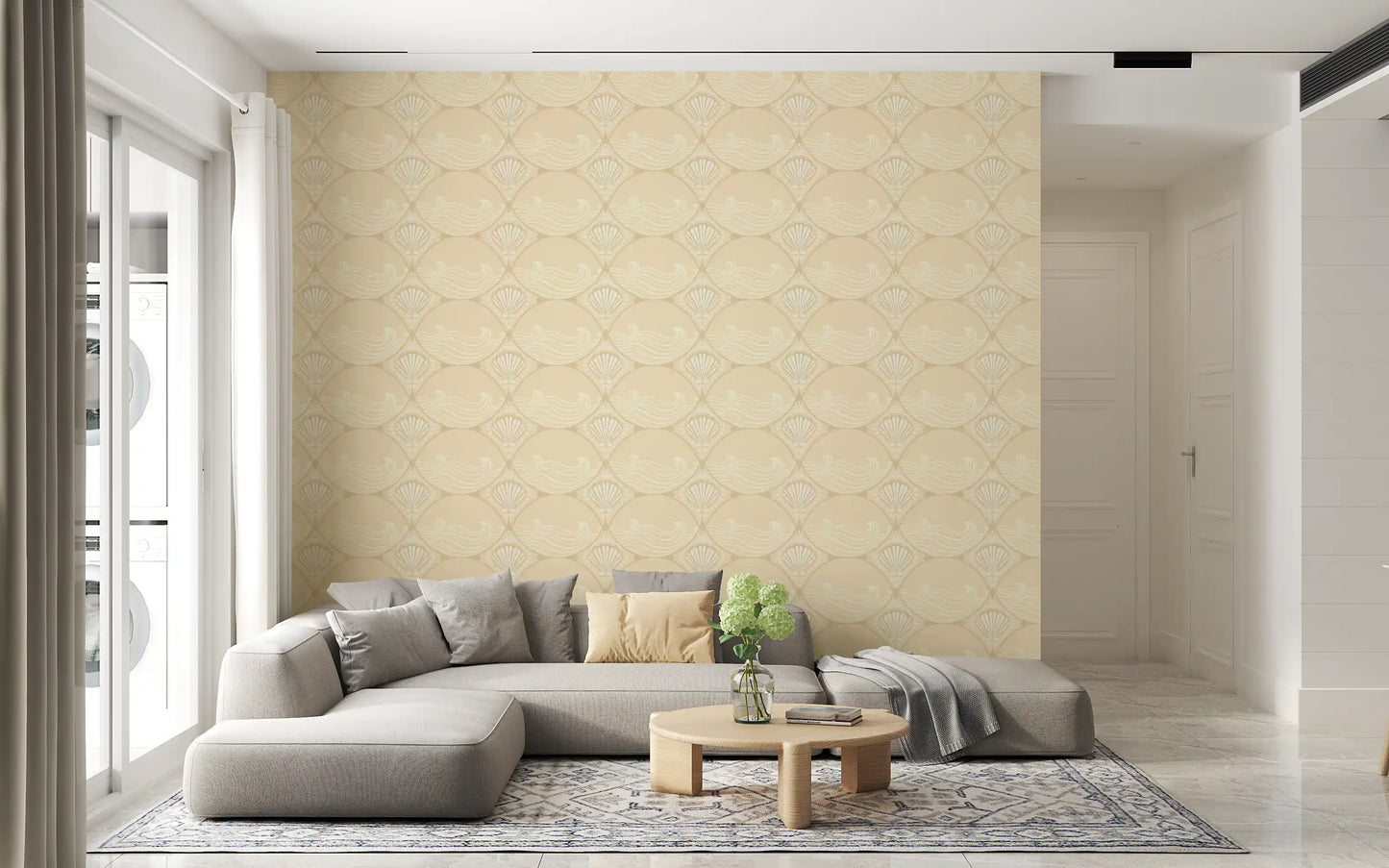 Hallway featuring warm beige ogee wave wallpaper