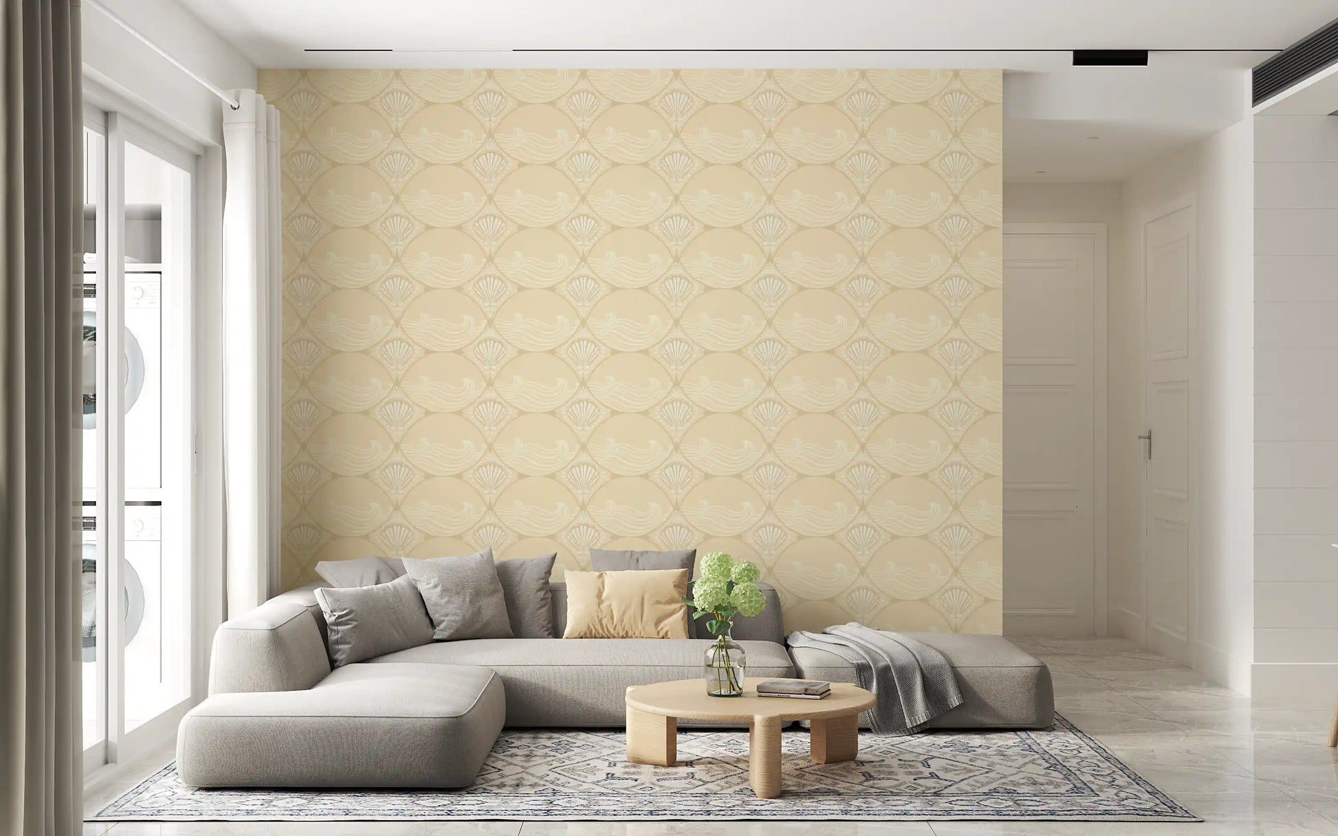 Hallway featuring warm beige ogee wave wallpaper