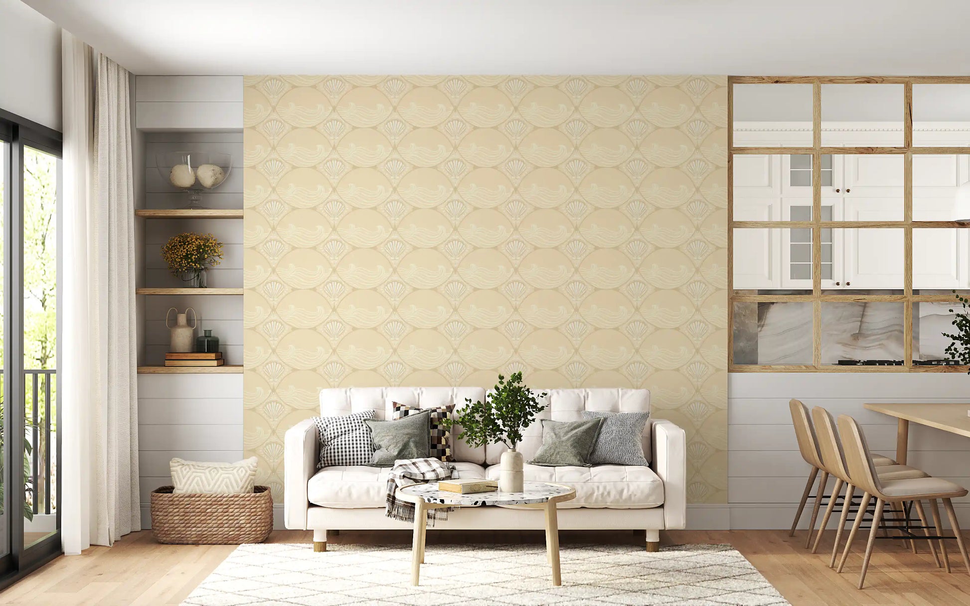 Home office in vintage ogee shell wave wallpaper
