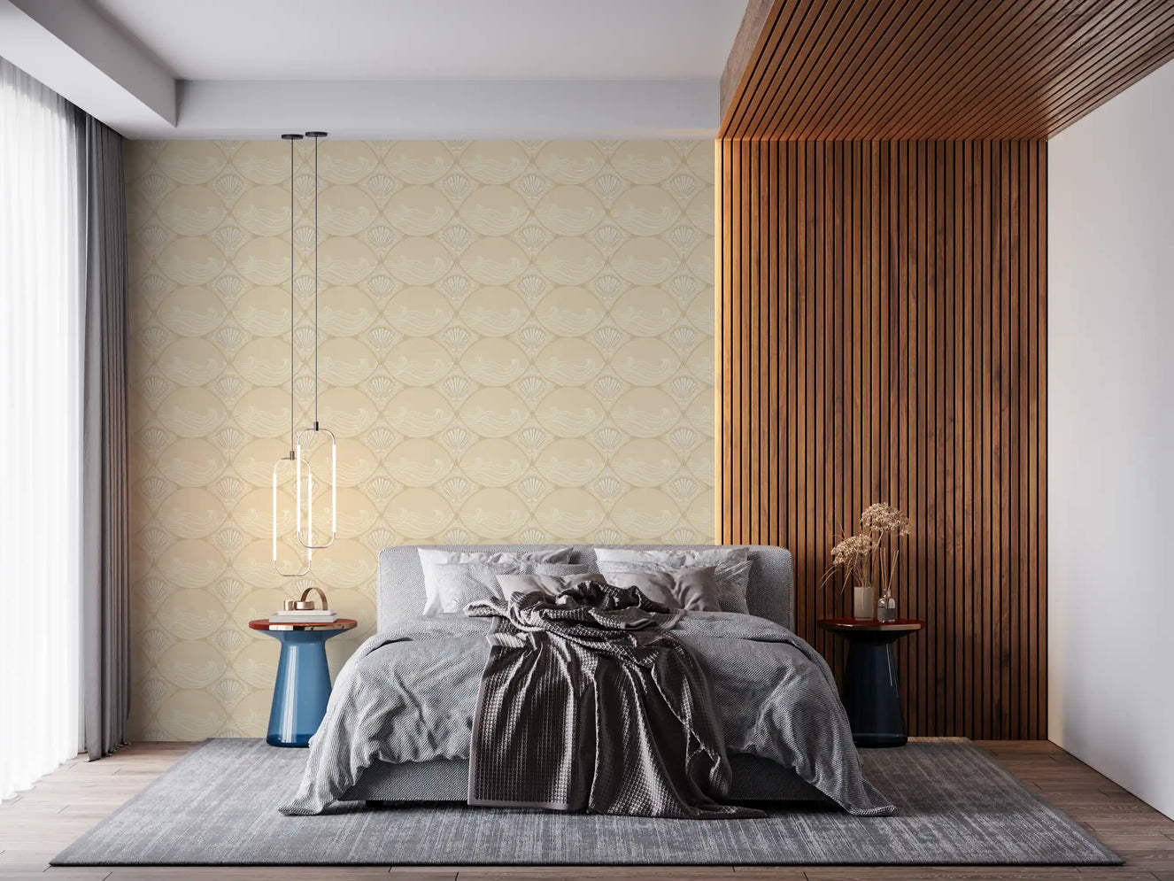 Bedroom styled in cream shell revival wallpaper pattern