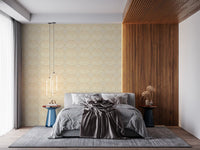 Bedroom styled in cream shell revival wallpaper pattern