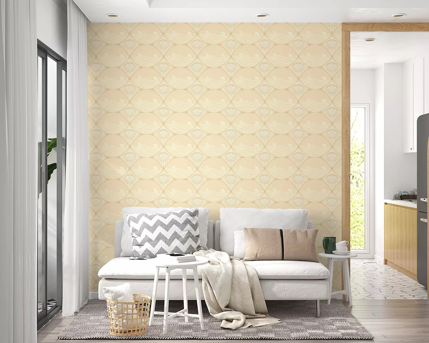 Dining room with shell motif revival wallpaper design