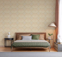 Bedroom with ogee shell wave wallpaper in warm beige