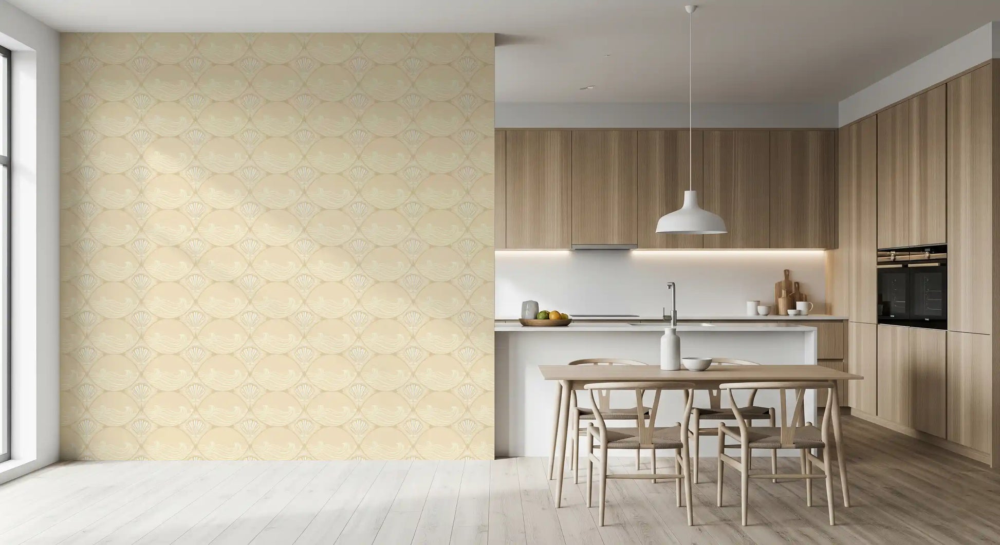 Dining room and kitchen with neutral coastal shell pattern wallpaper