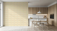 Dining room and kitchen with neutral coastal shell pattern wallpaper