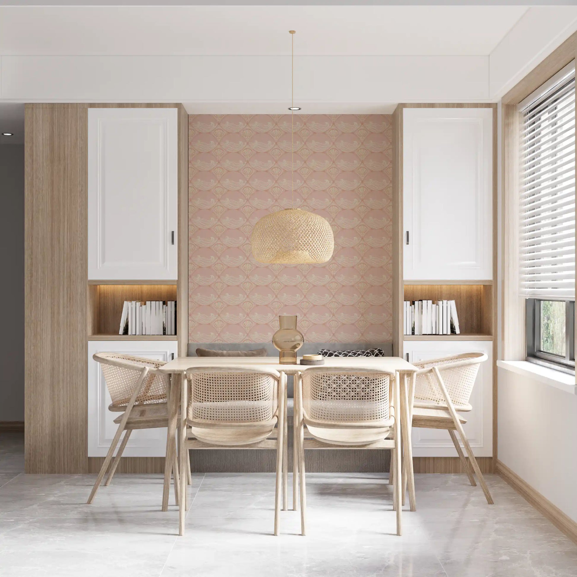 Shell pattern wallpaper placed in a neutral tone dining room 