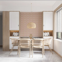Shell pattern wallpaper placed in a neutral tone dining room 
