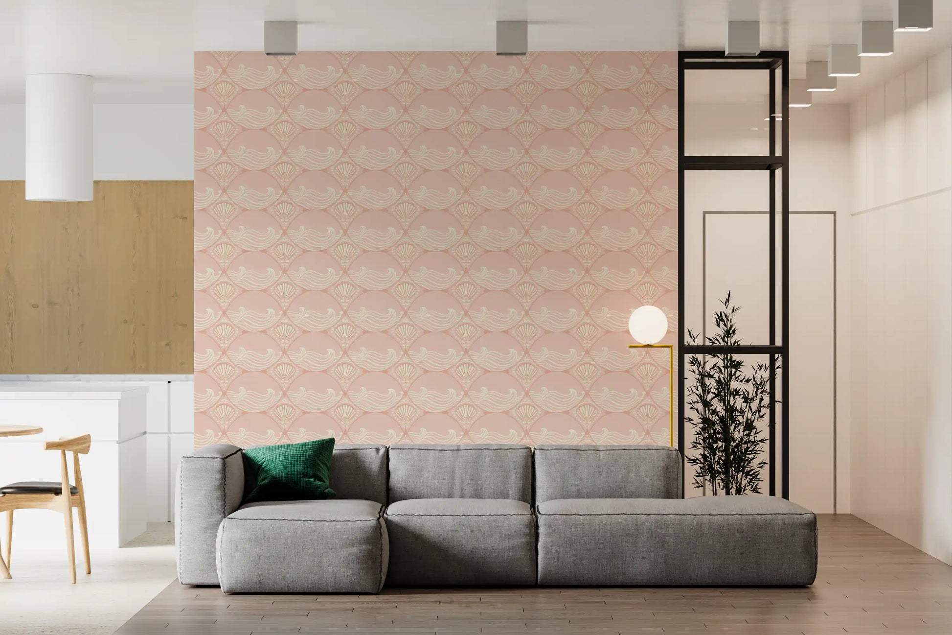 Coastal shell wave wallpaper placed in a soft minimalist living room setting