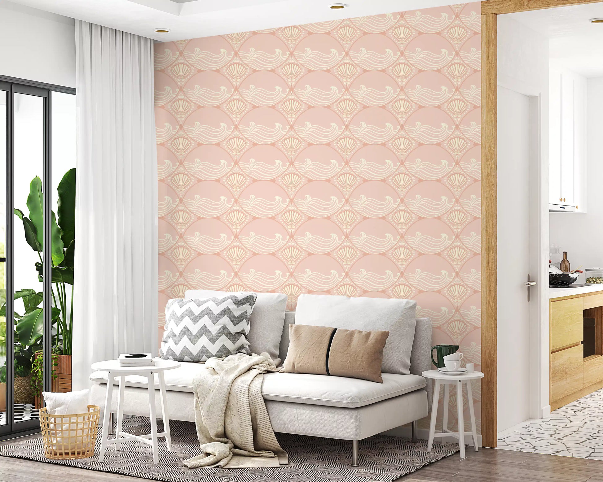 Shell wave pattern wallpaper used in a calm and balanced home office