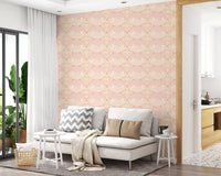 Shell wave pattern wallpaper used in a calm and balanced home office