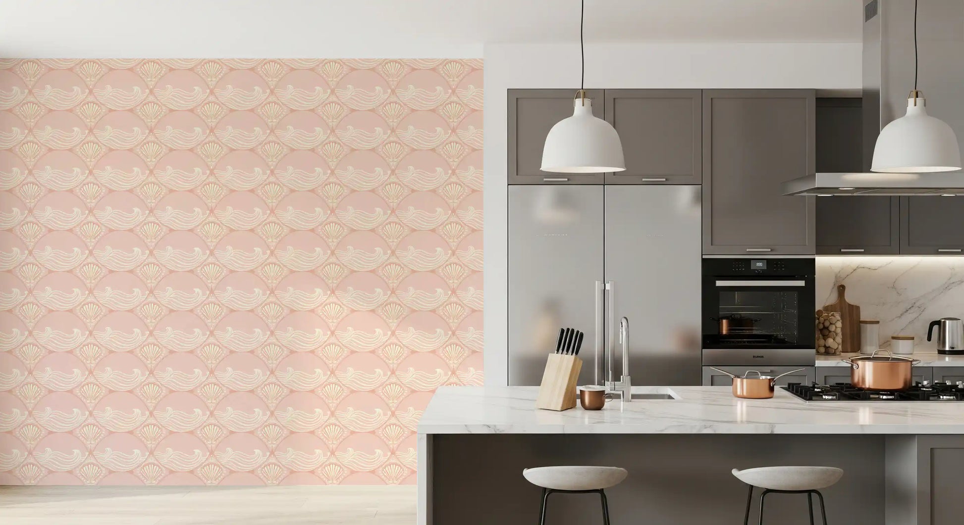 Seashell Serenity Waves Wallpaper enhancing a bright kitchen space