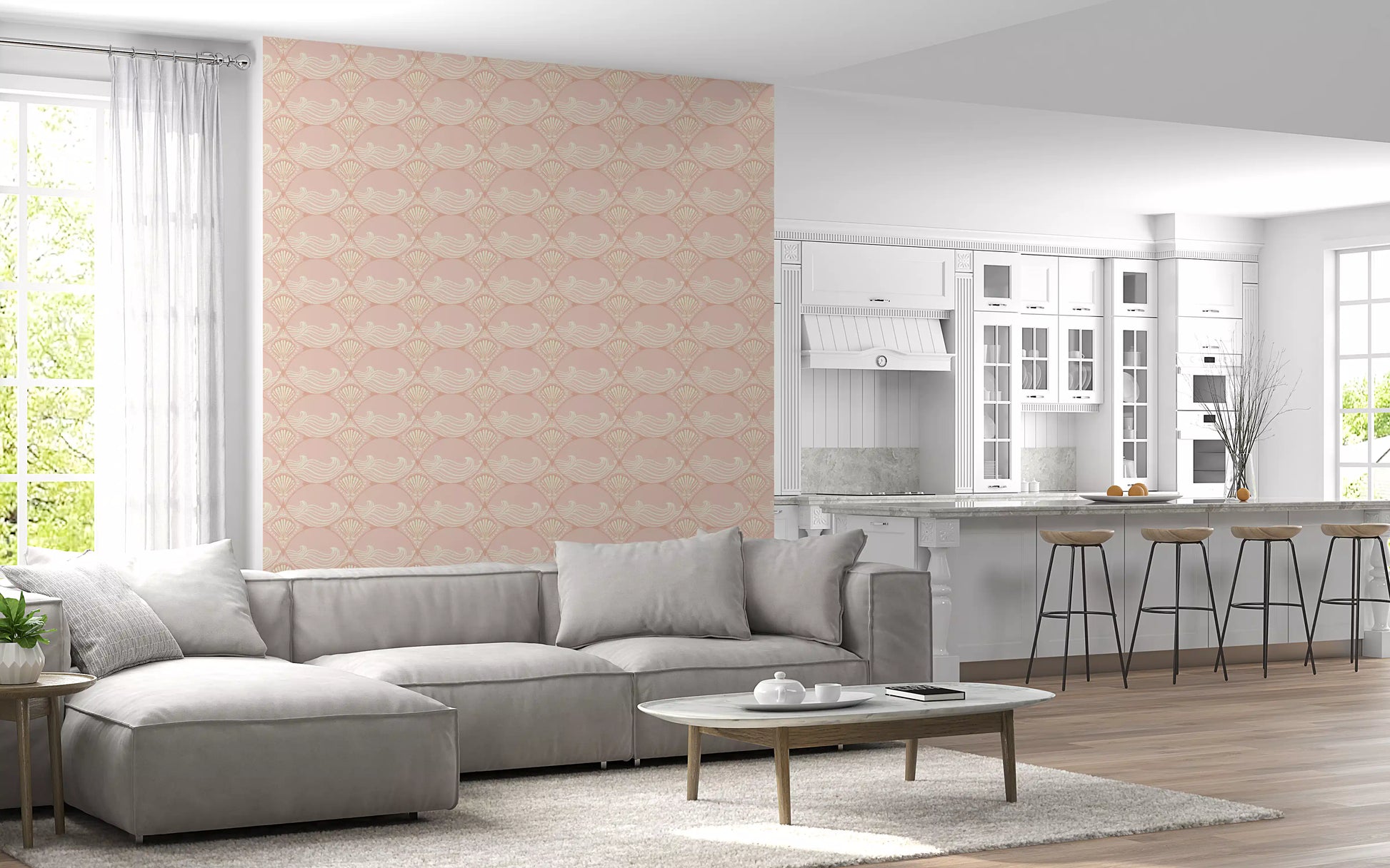 Coastal shell wallpaper creating a entryway interior 